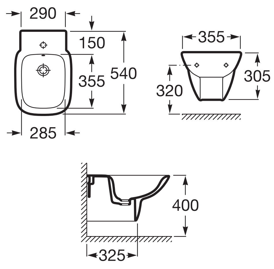 Roca Debba WallHung Bidet Width 355 x Projection 540mm 355995000