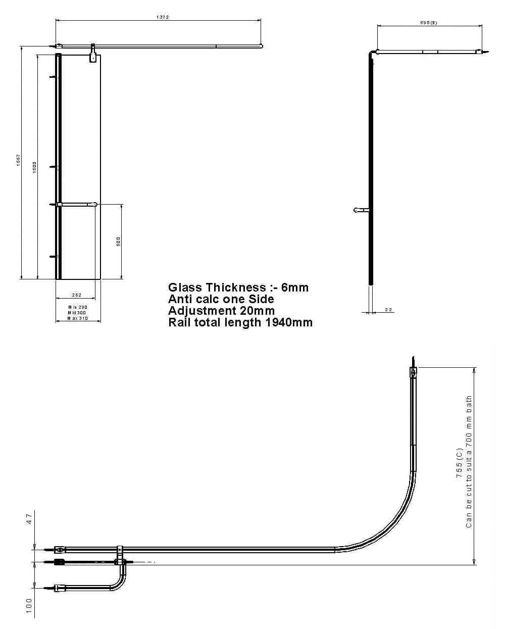 Aqualux Aqua 6 Splash Guard Bath Screen 300 x 1500mm With Rail
