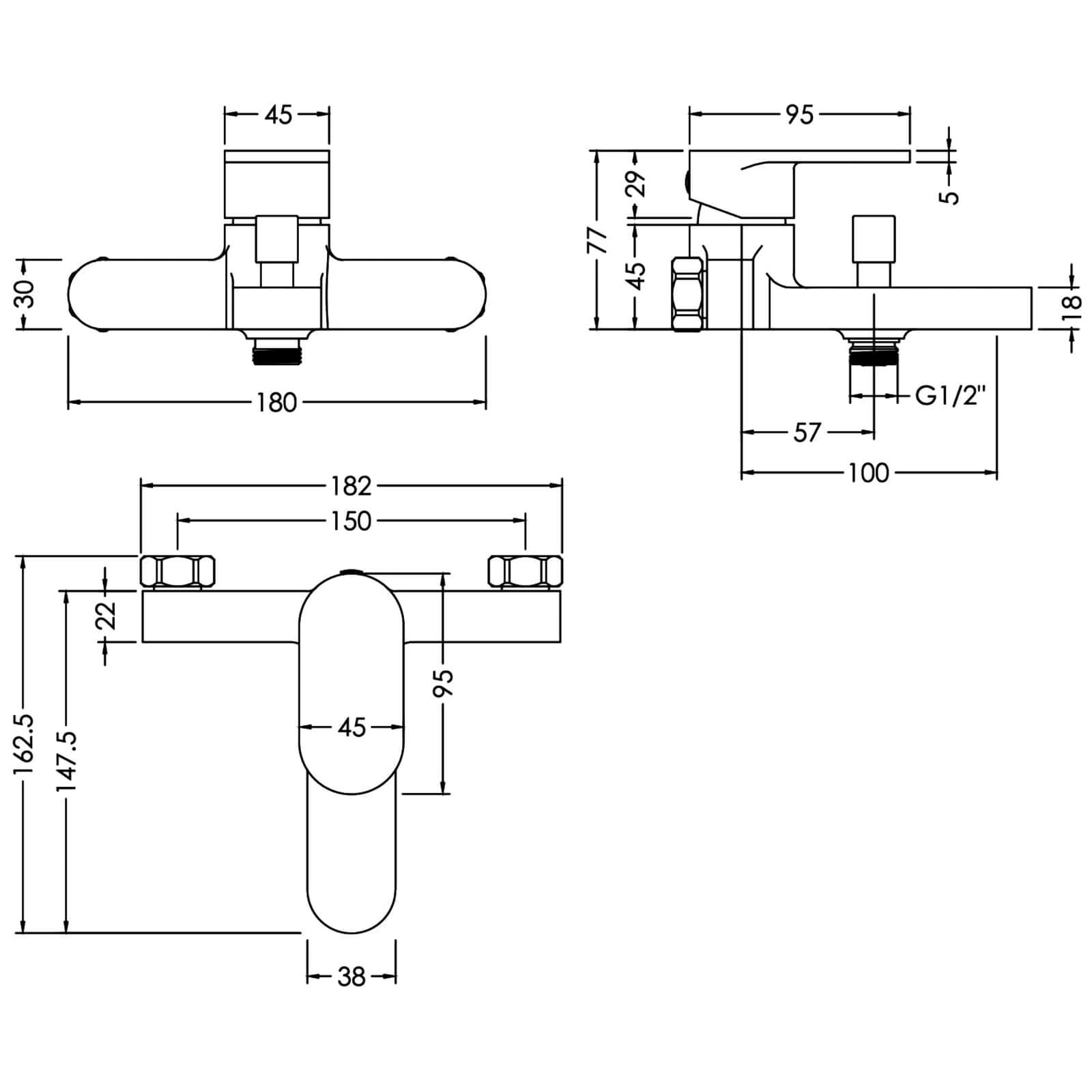 Nuie Binsey Exposed Wall Mounted Bath Shower Mixer Tap With Kit Chrome ...