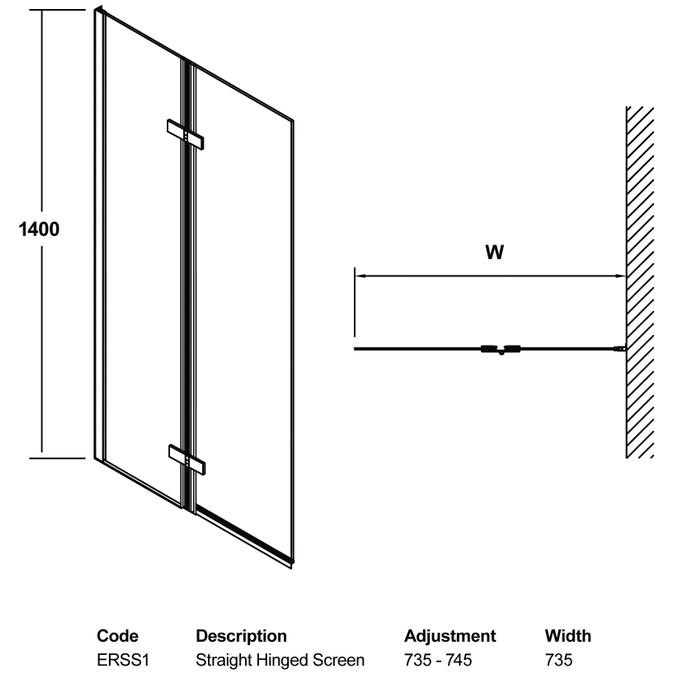 Lauren Ella 735745 x 1400mm Straight Hinged Bath Screen