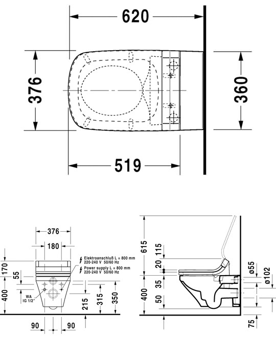 Duravit DuraStyle 620mm Wall Mounted Rimless Toilet With SensoWash