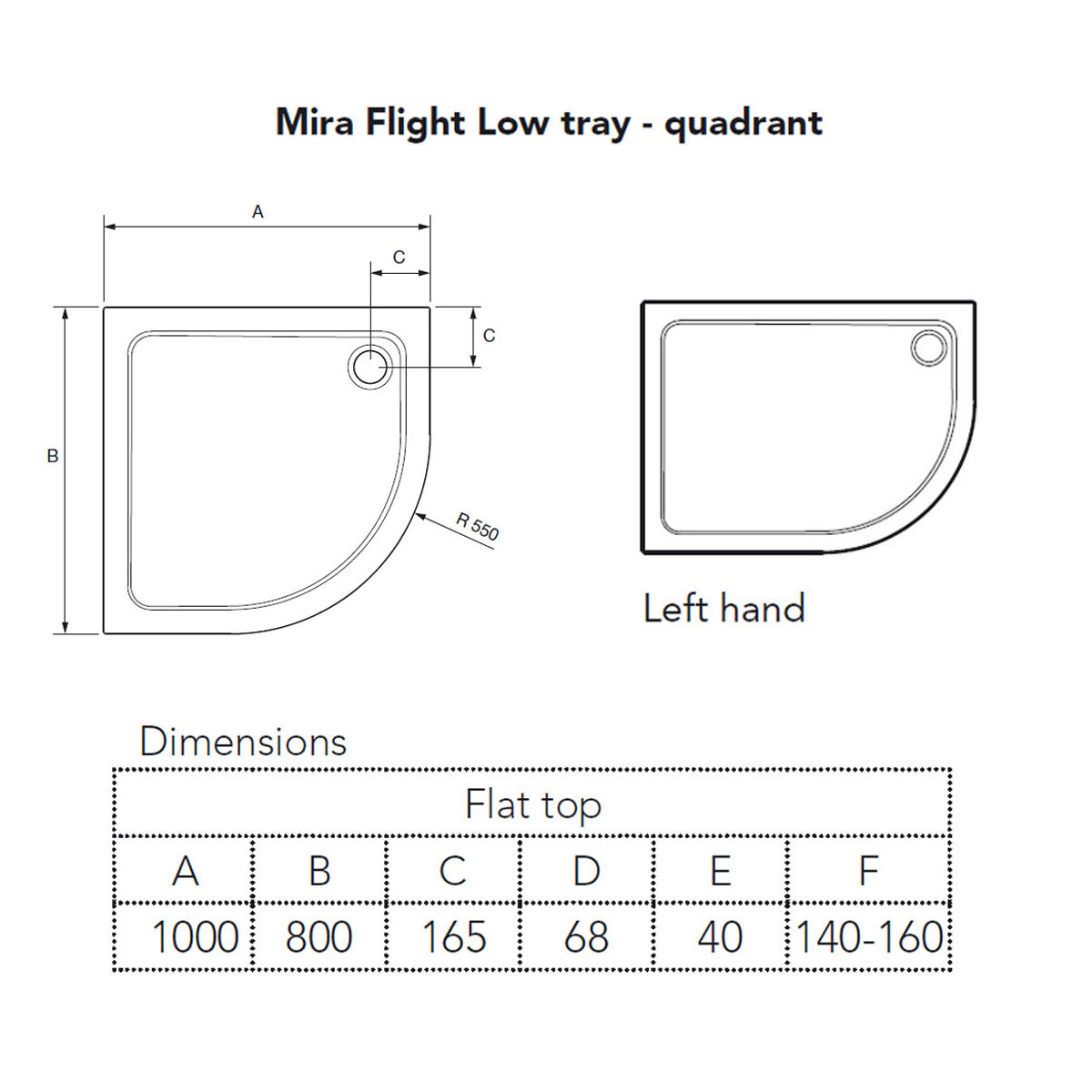 Mira Flight Low 1000 x 800mm LH Quadrant Shower Tray With Waste